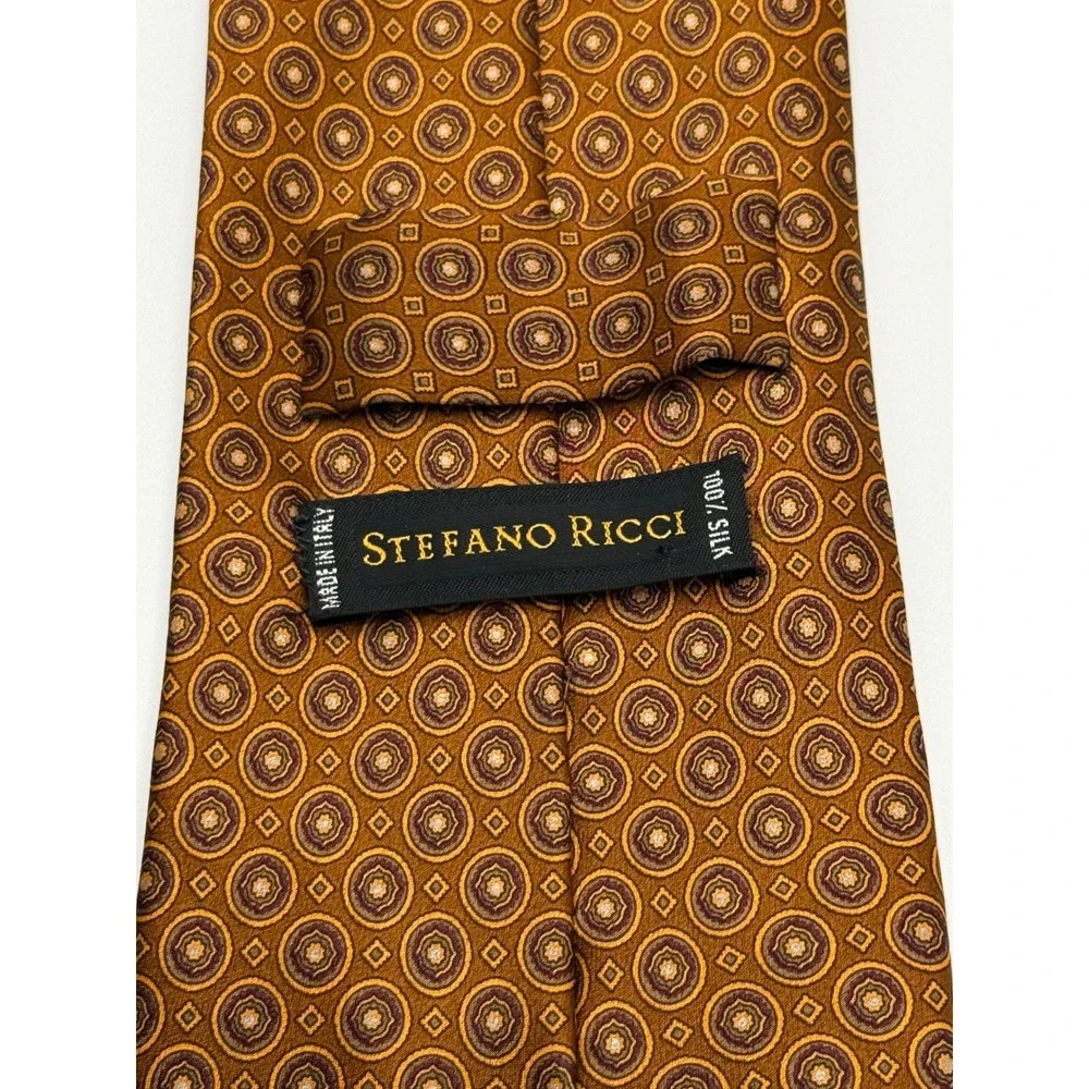 Stefano Ricci 100% Silk Tie Made in Italy Gold Brown Medallion Luxury Necktie